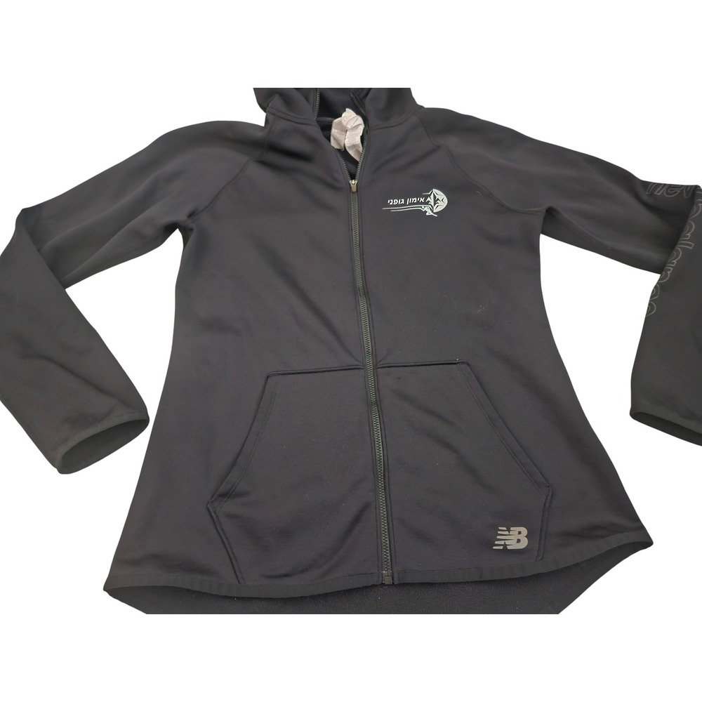 New Balance Full Zip Hoodie Womens Medium Black Excellent Hebrew Graphic Fleece - Picture 2 of 12